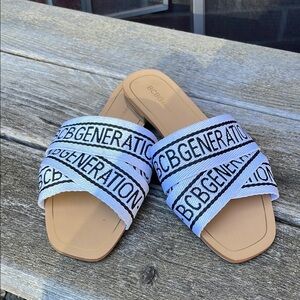 BCBGeneration | Kala | Flat | Logo Slide Sandals |White & Black | Size 6.5